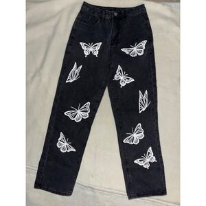 SHEIN Butterfly Graphic Print High Waisted Straight Leg Jeans Black XS 2
